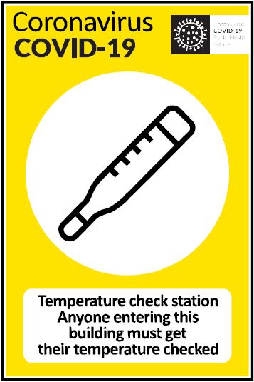 CCOV005 - Coronavirus - Covid-19 - Temperature check station. Anyone entering this building must get their temperature checked