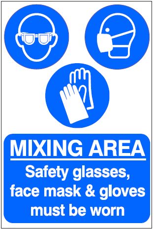 CM028 - Site Safety Sign- Mandatory - MIXING AREA, safety glasses, face masks & gloves must be worn